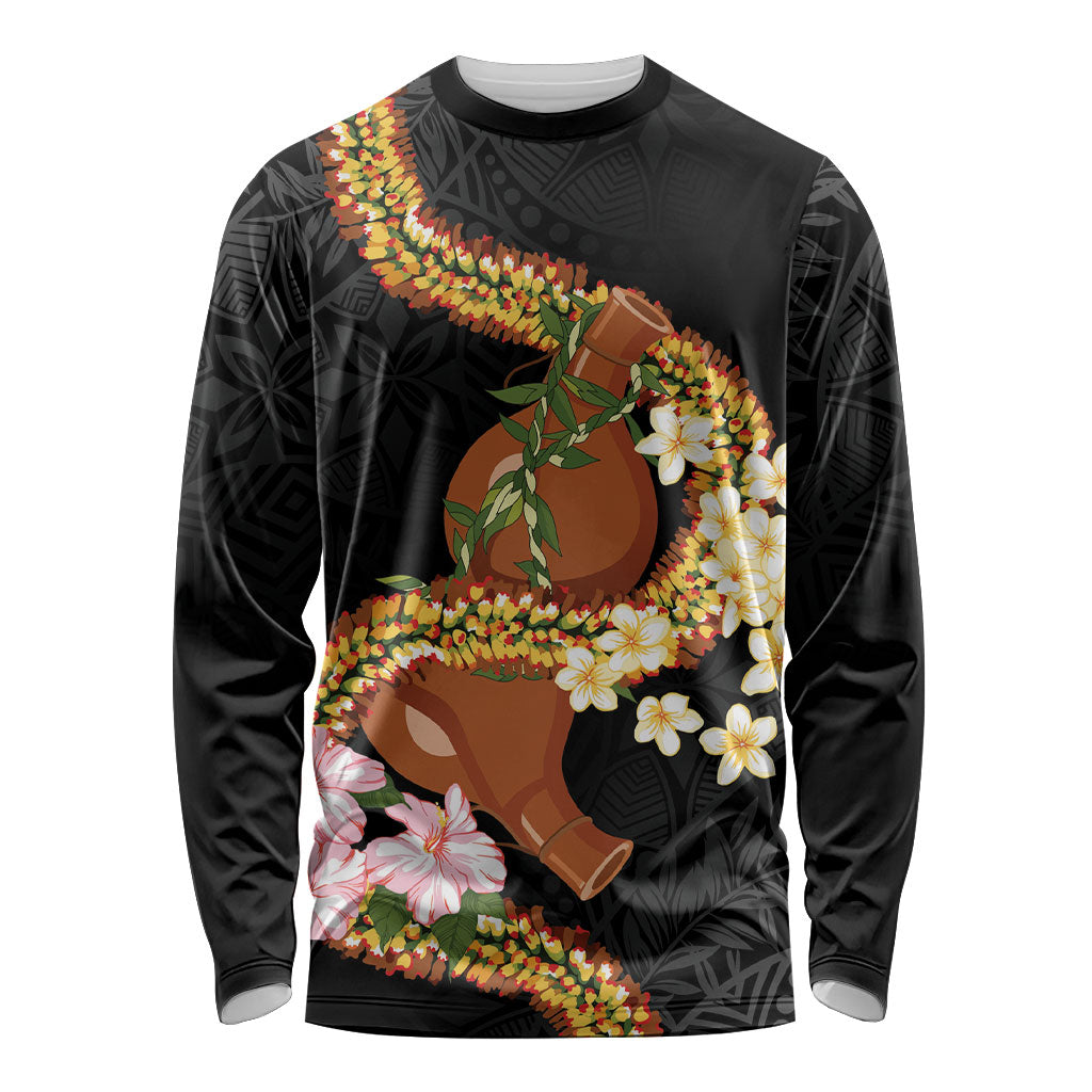 Aloha Hawaii Ipu Gourd Mix ʻĀkulikuli Lei Long Sleeve Shirt Obsidian Black LT7 Unisex Obsidian Black - Polynesian Pride