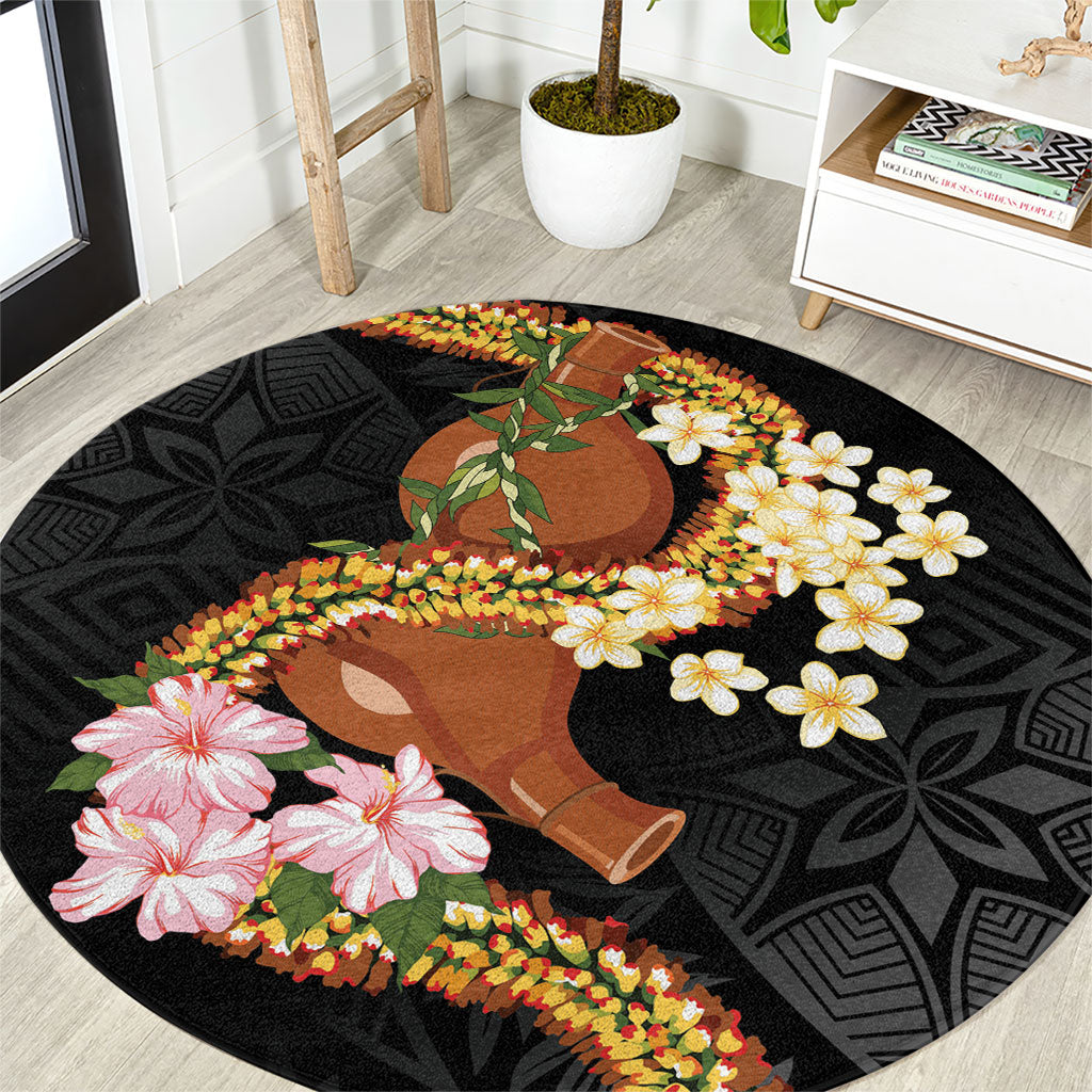 Aloha Hawaii Ipu Gourd Mix ʻĀkulikuli Lei Round Carpet Obsidian Black