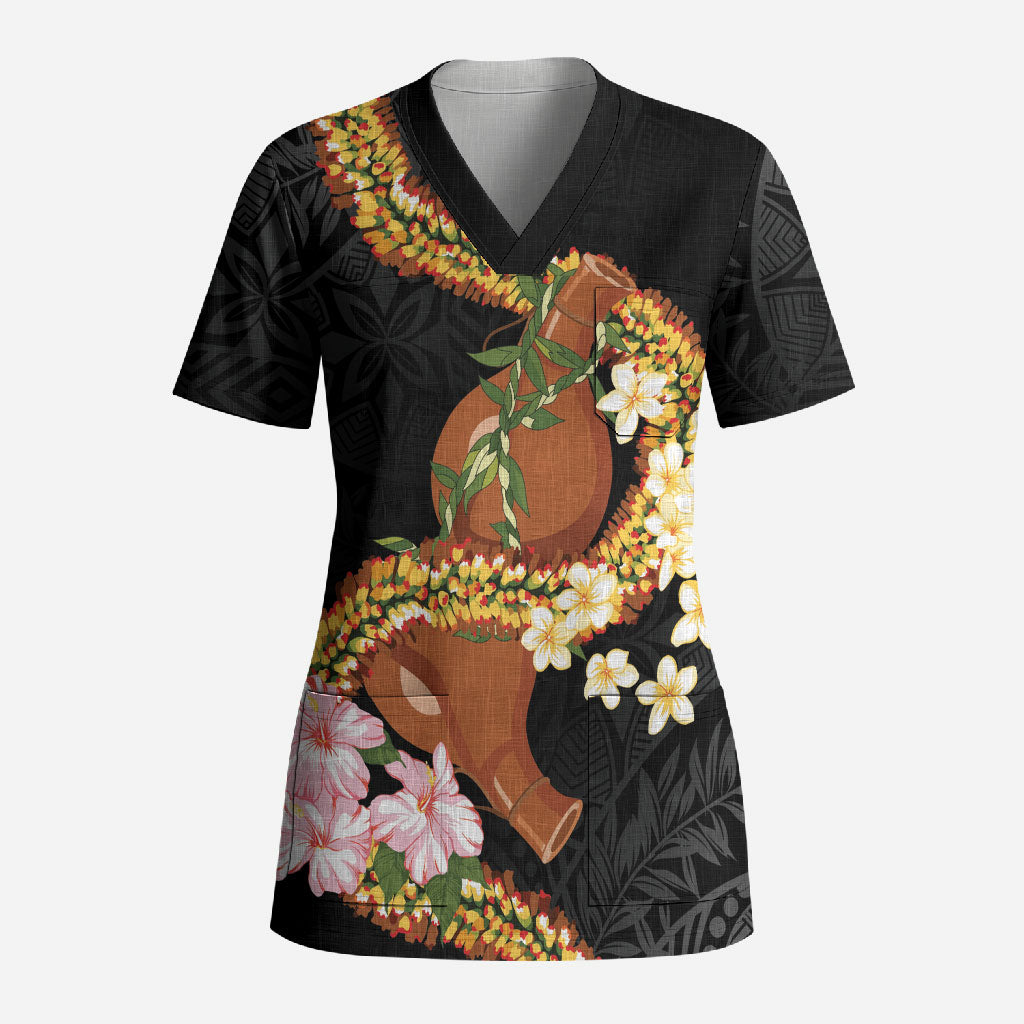 Aloha Hawaii Ipu Gourd Mix ʻĀkulikuli Lei Scrub Top Obsidian Black