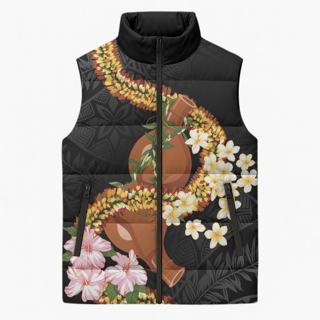Aloha Hawaii Ipu Gourd Mix ʻĀkulikuli Lei Sleeveless Puffer Jacket Obsidian Black LT7 Unisex Obsidian Black - Polynesian Pride