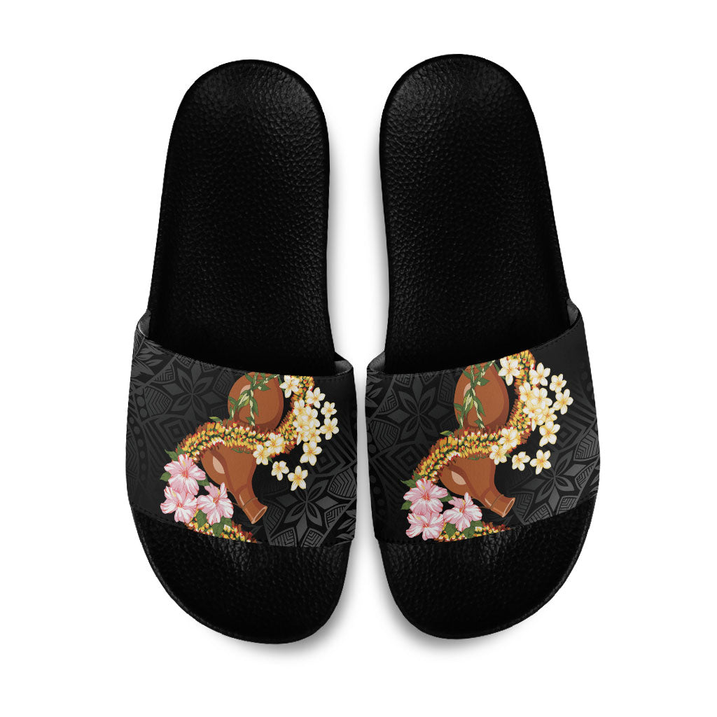 Aloha Hawaii Ipu Gourd Mix ʻĀkulikuli Lei Slide Sandals Obsidian Black