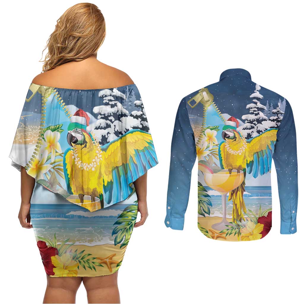 Funny Tropical Christmas Couples Matching Off Shoulder Short Dress and Long Sleeve Button Shirt Tis The Season To Get Tipsy