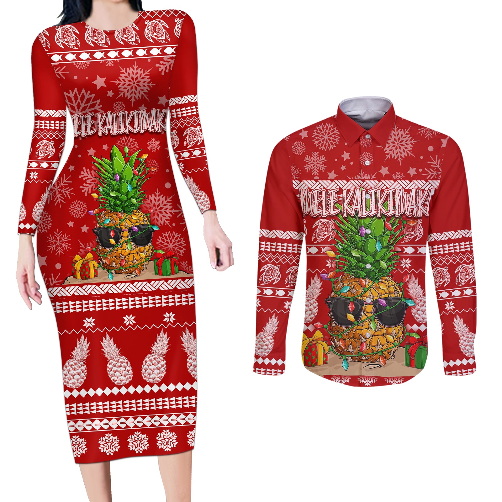 Hawaii Pineapple Christmas Couples Matching Long Sleeve Bodycon Dress and Long Sleeve Button Shirt Mele Kalikimaka LT7 Red - Polynesian Pride
