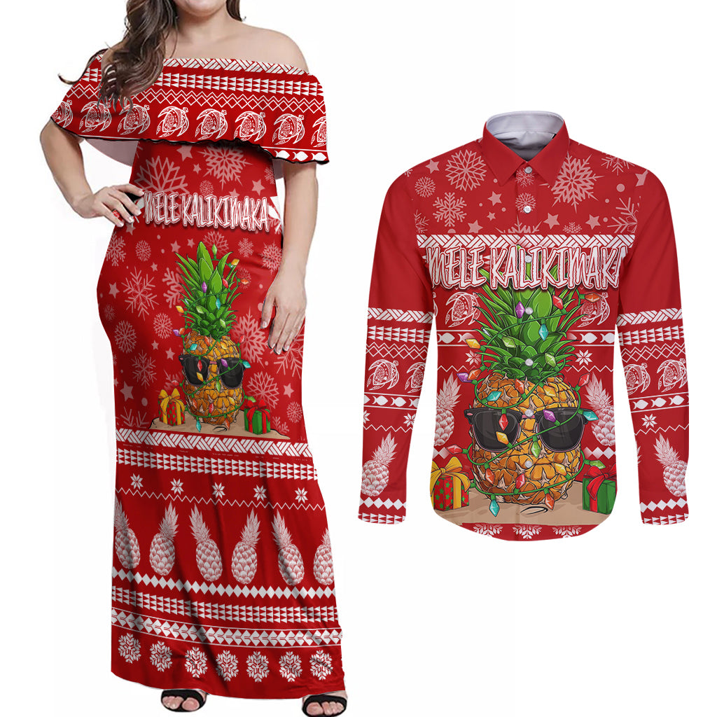 Hawaii Pineapple Christmas Couples Matching Off Shoulder Maxi Dress and Long Sleeve Button Shirt Mele Kalikimaka LT7 Red - Polynesian Pride