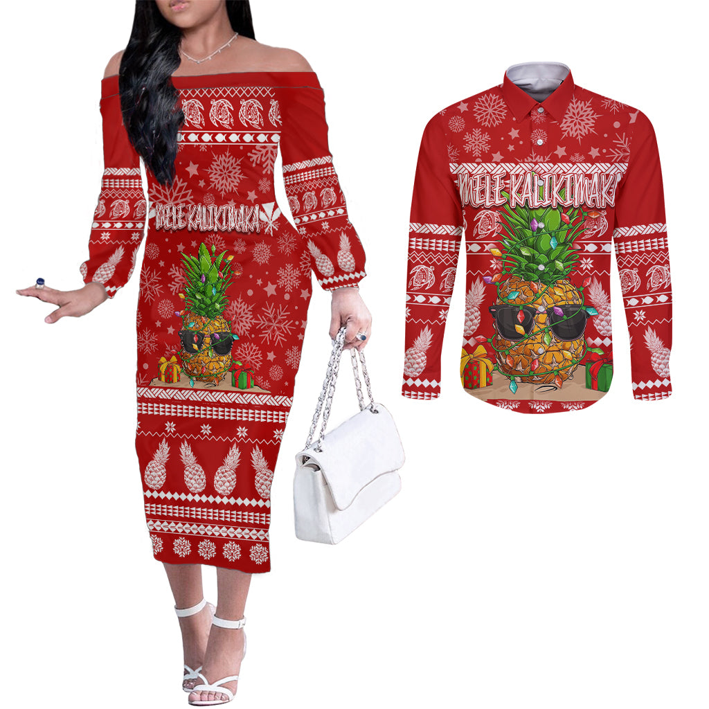 Hawaii Pineapple Christmas Couples Matching Off The Shoulder Long Sleeve Dress and Long Sleeve Button Shirt Mele Kalikimaka LT7 Red - Polynesian Pride