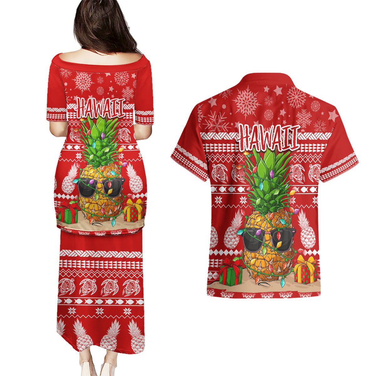 Hawaii Pineapple Christmas Couples Matching Puletasi Dress and Hawaiian Shirt Mele Kalikimaka LT7 - Polynesian Pride