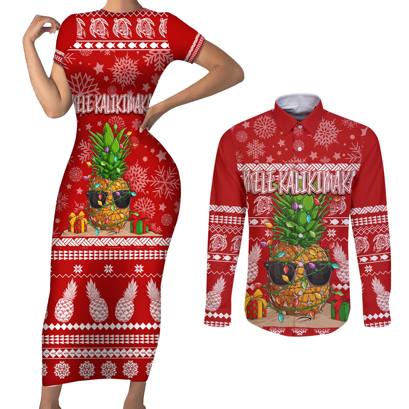 Hawaii Pineapple Christmas Couples Matching Short Sleeve Bodycon Dress and Long Sleeve Button Shirt Mele Kalikimaka LT7 Red - Polynesian Pride