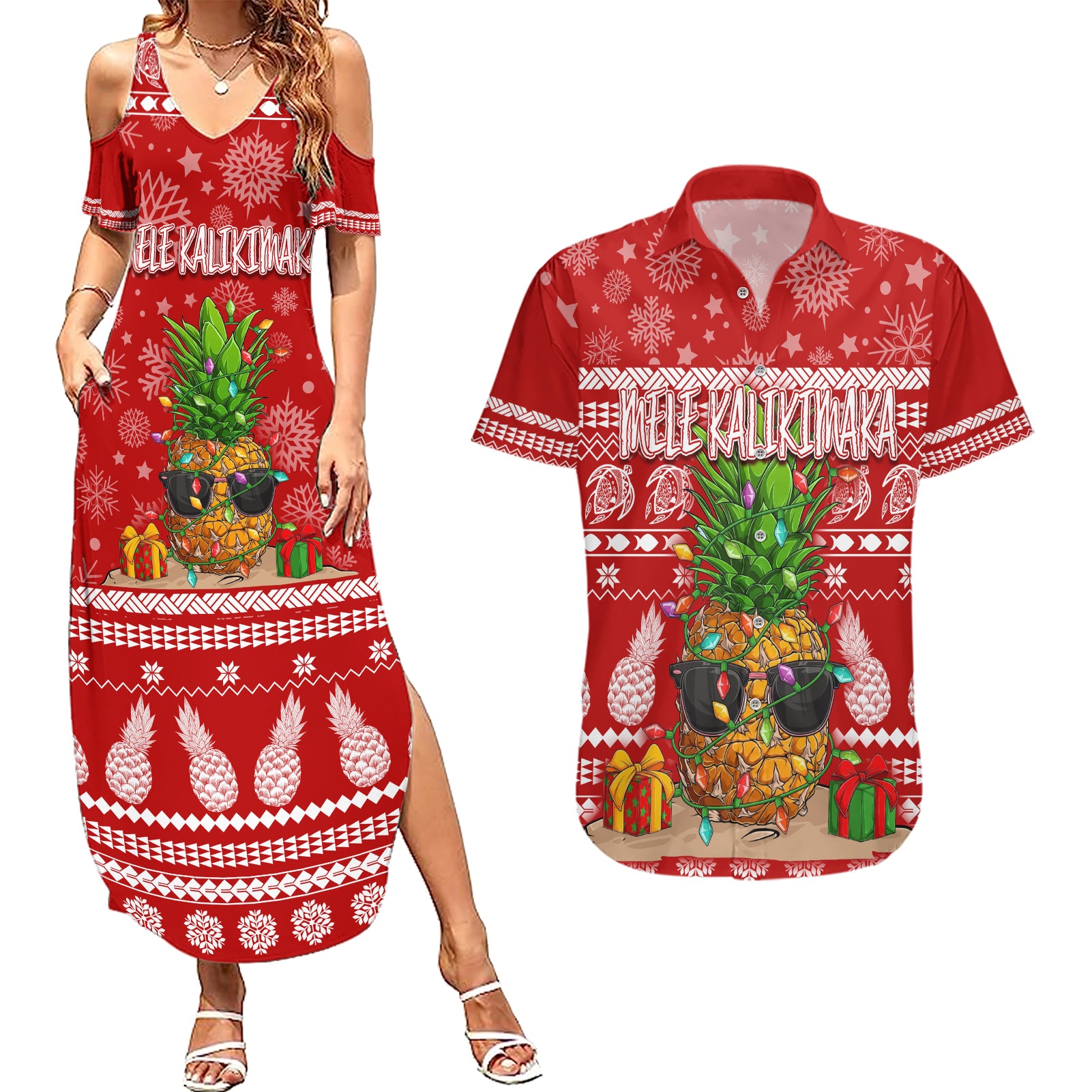 Hawaii Pineapple Christmas Couples Matching Summer Maxi Dress and Hawaiian Shirt Mele Kalikimaka LT7 Red - Polynesian Pride