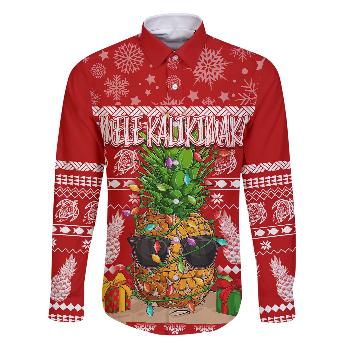 Hawaii Pineapple Christmas Family Matching Summer Maxi Dress and Hawaiian Shirt Mele Kalikimaka LT7 Dad's Shirt - Long Sleeve Red - Polynesian Pride