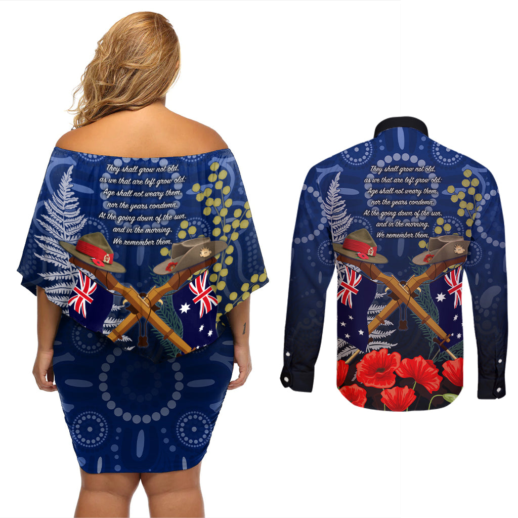 Anzac Couples Matching Off Shoulder Short Dress and Long Sleeve Button Shirt Ausralia Aboriginal Mix New Zealand Slouch Hats LT7 - Polynesian Pride