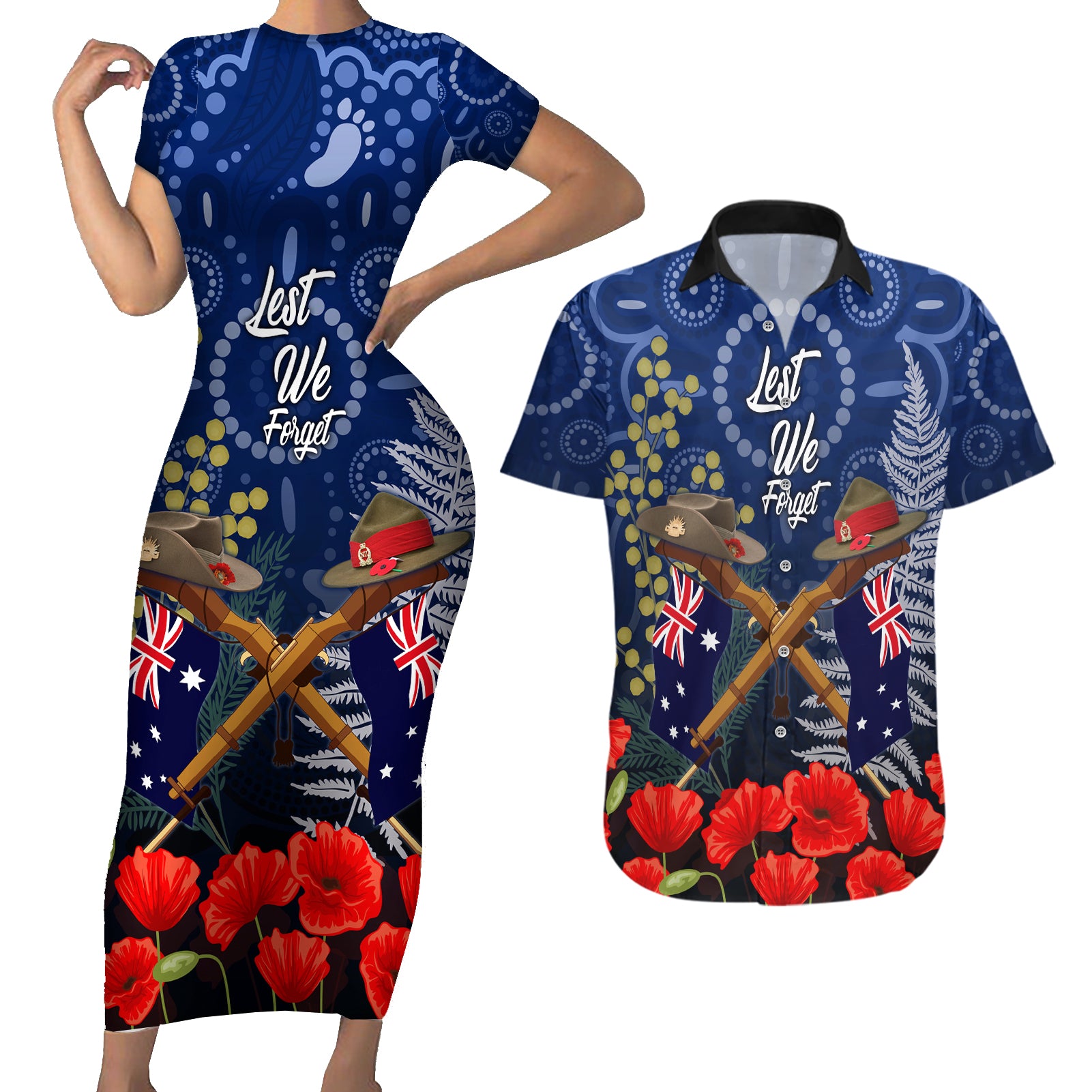 Anzac Couples Matching Short Sleeve Bodycon Dress and Hawaiian Shirt Ausralia Aboriginal Mix New Zealand Slouch Hats LT7 Blue - Polynesian Pride