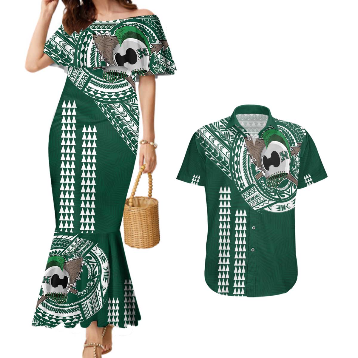 Hawaii Rainbow Warriors Personalized Couples Matching Mermaid Dress and Hawaiian Shirt Kakau Ikakai Laau Pama