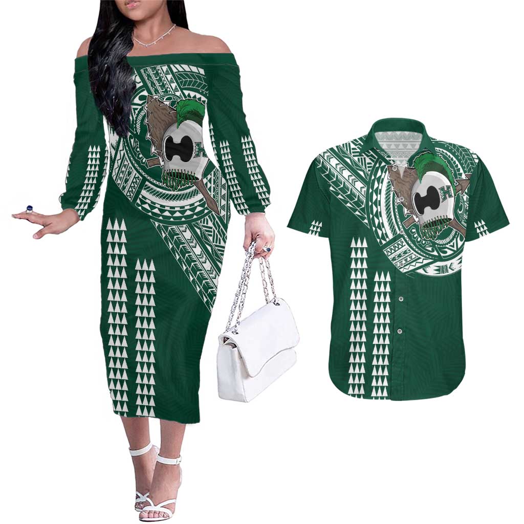 Hawaii Rainbow Warriors Personalized Couples Matching Off The Shoulder Long Sleeve Dress and Hawaiian Shirt Kakau Ikakai Laau Pama