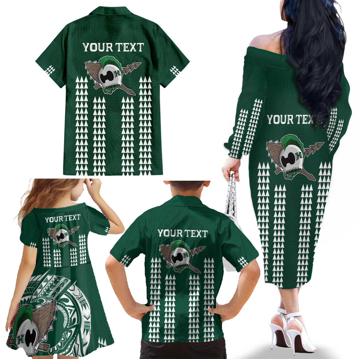 Hawaii Rainbow Warriors Personalized Family Matching Off The Shoulder Long Sleeve Dress and Hawaiian Shirt Kakau Ikakai Laau Pama