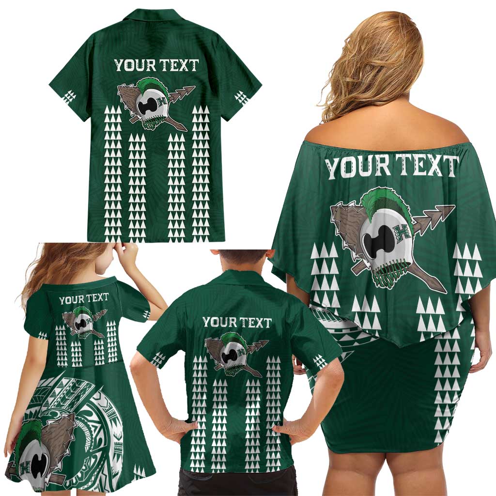 Hawaii Rainbow Warriors Personalized Family Matching Off Shoulder Short Dress and Hawaiian Shirt Kakau Ikakai Laau Pama