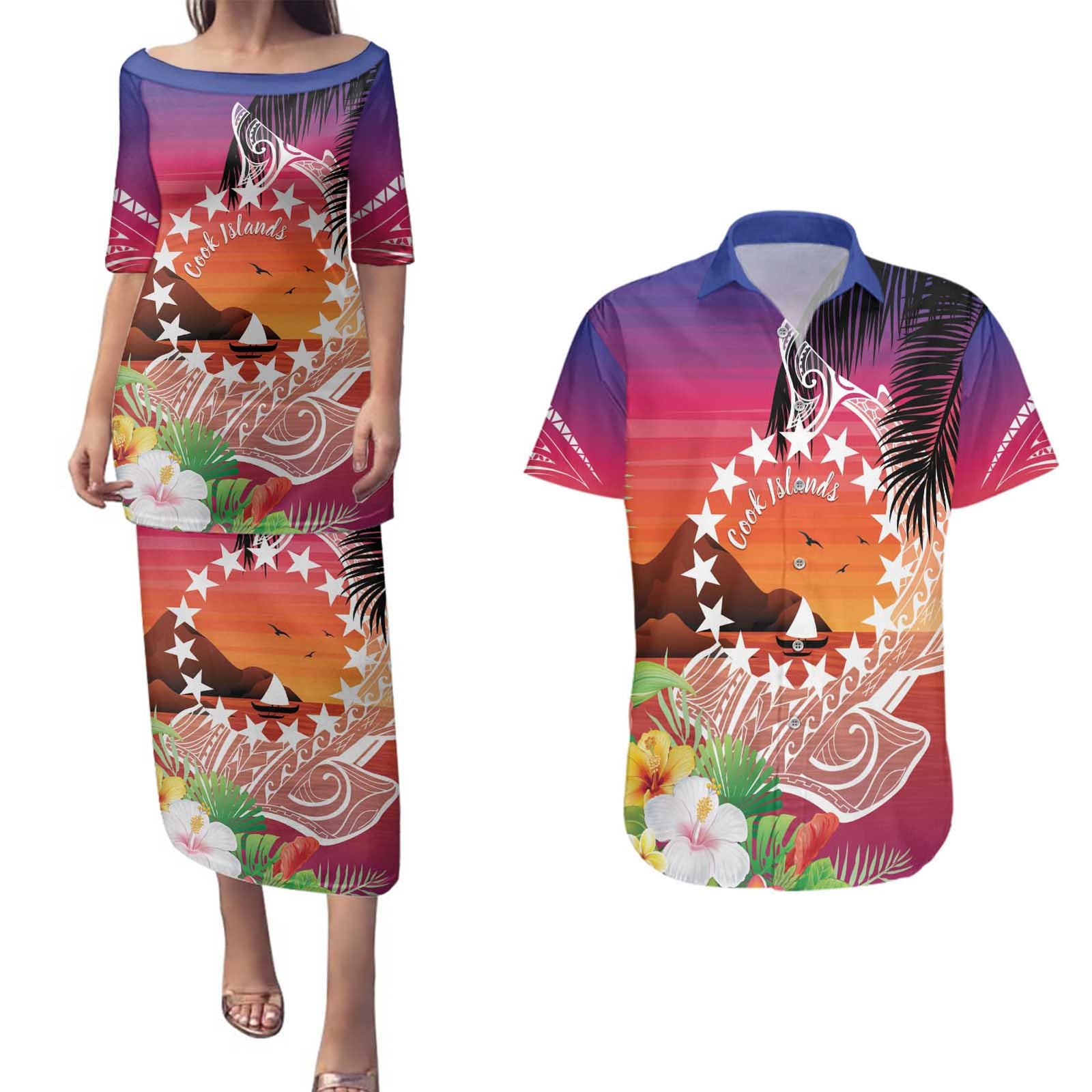 Kia Orana Cook Islands Couples Matching Puletasi and Hawaiian Shirt Sunset Dream LT7 Art - Polynesian Pride