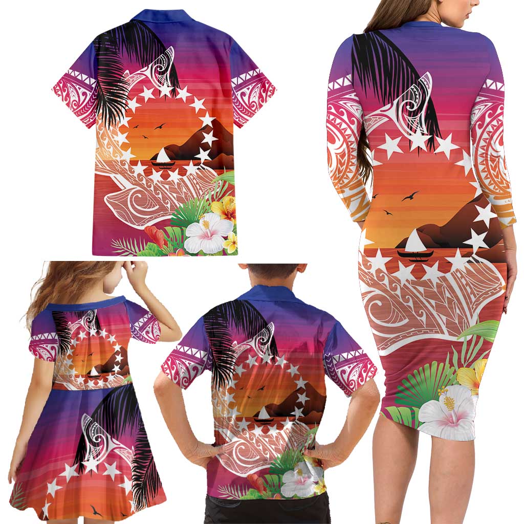 Kia Orana Cook Islands Family Matching Long Sleeve Bodycon Dress and Hawaiian Shirt Sunset Dream LT7 - Polynesian Pride