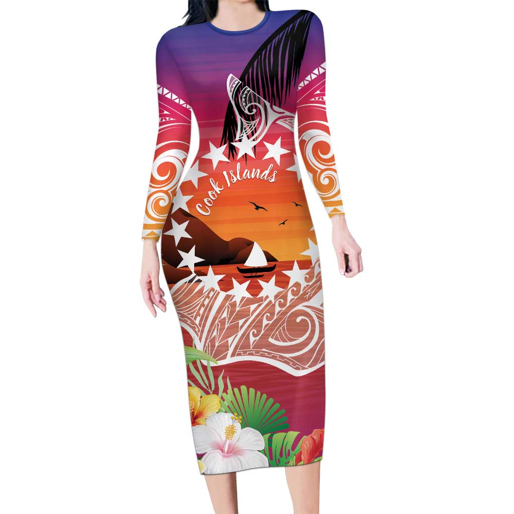 Kia Orana Cook Islands Family Matching Long Sleeve Bodycon Dress and Hawaiian Shirt Sunset Dream LT7 Mom's Dress Art - Polynesian Pride