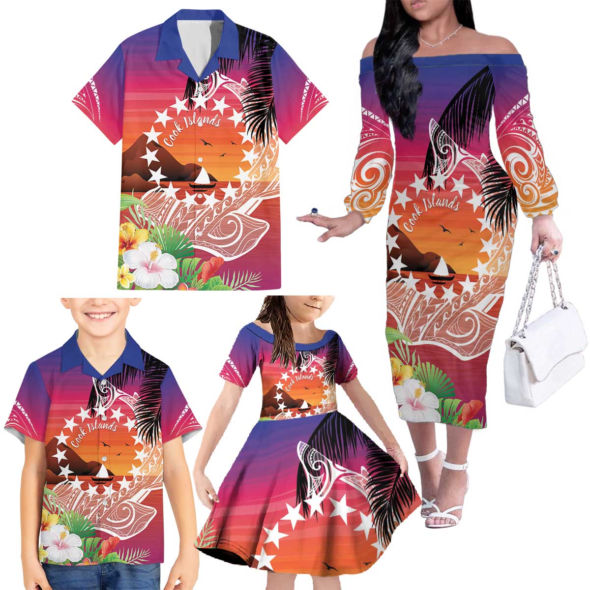 Kia Orana Cook Islands Family Matching Off The Shoulder Long Sleeve Dress and Hawaiian Shirt Sunset Dream