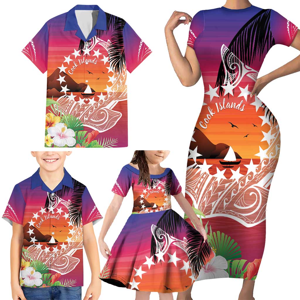 Kia Orana Cook Islands Family Matching Short Sleeve Bodycon Dress and Hawaiian Shirt Sunset Dream LT7 - Polynesian Pride