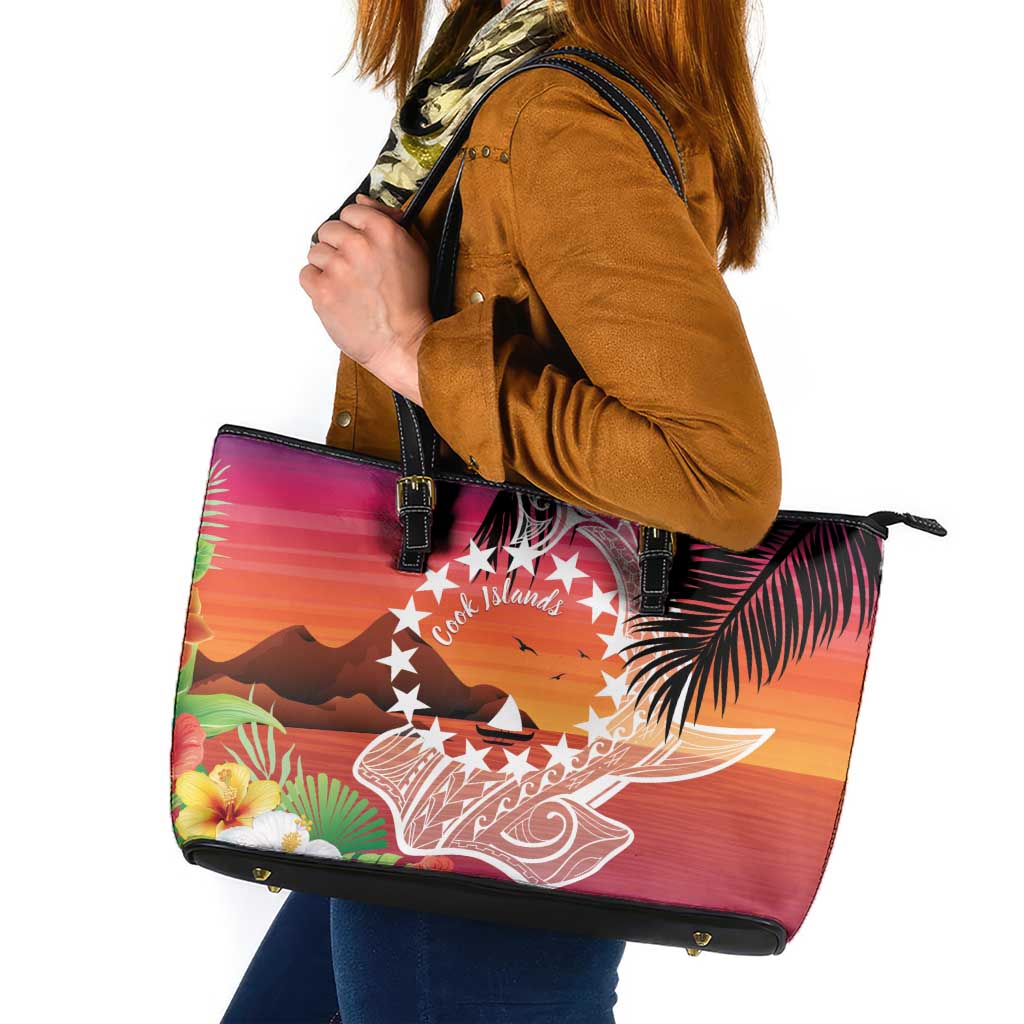 Kia Orana Cook Islands Leather Tote Bag Sunset Dream LT7 Art - Polynesian Pride