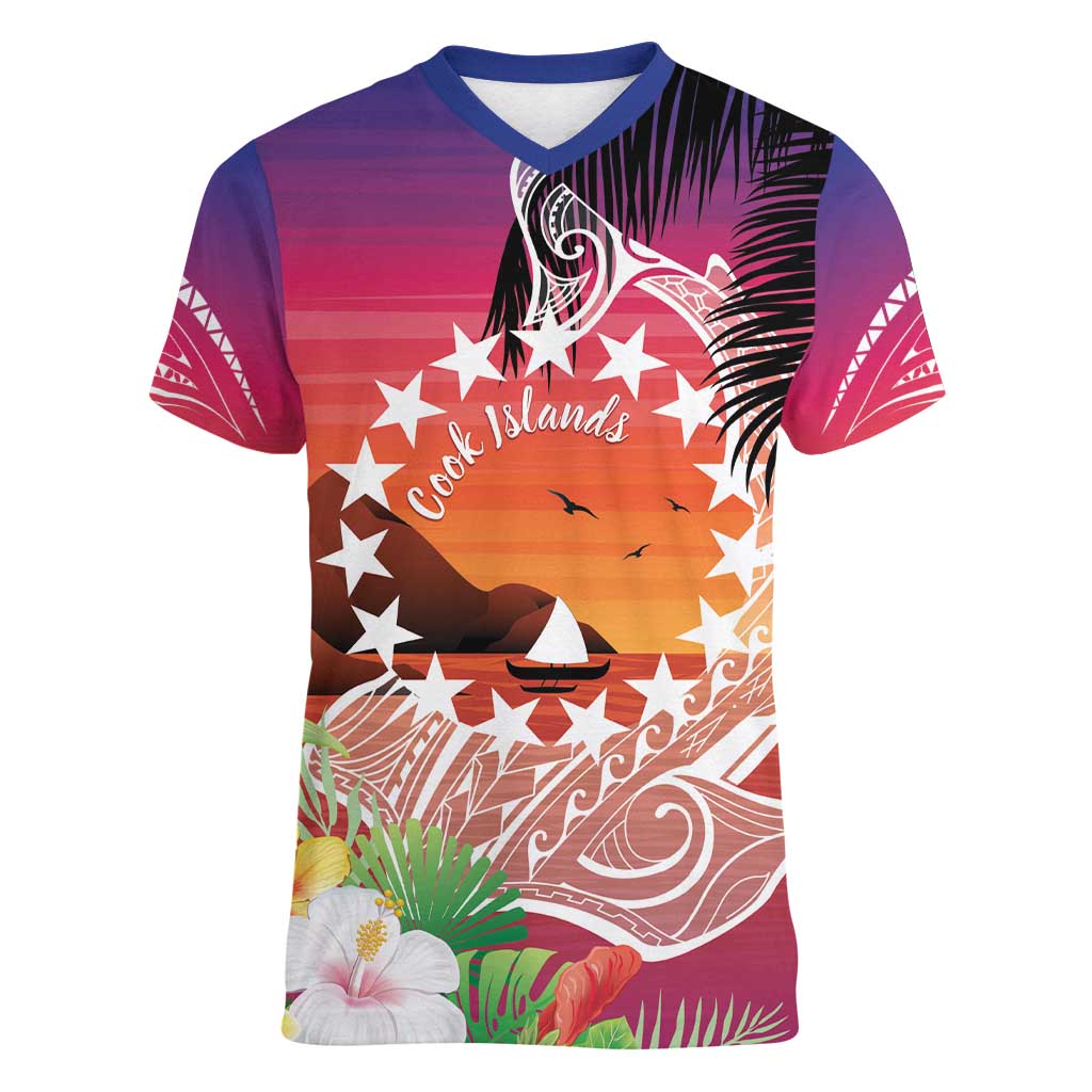 Kia Orana Cook Islands Women V-Neck T-Shirt Sunset Dream LT7 Female Art - Polynesian Pride