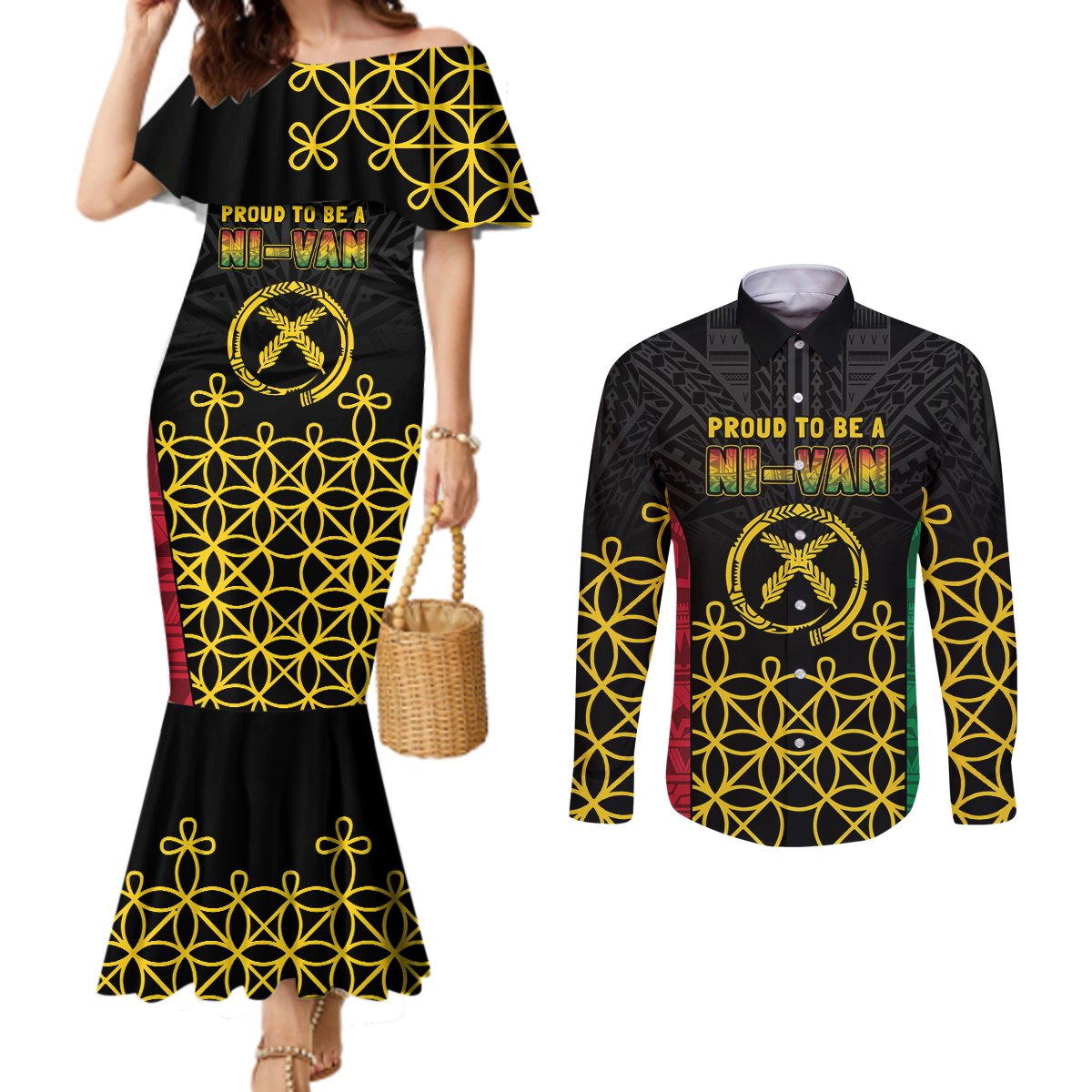 Vanuatu Indipendens Dei Couples Matching Mermaid Dress and Long Sleeve Button Shirt Tribal Sand Drawing