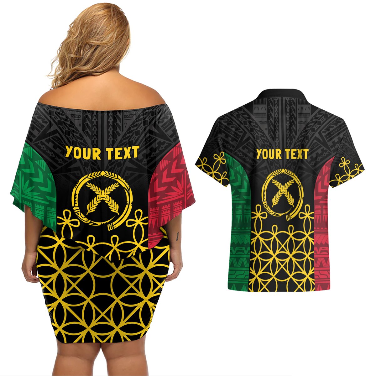 Vanuatu Indipendens Dei Couples Matching Off Shoulder Short Dress and Hawaiian Shirt Tribal Sand Drawing LT7 - Polynesian Pride