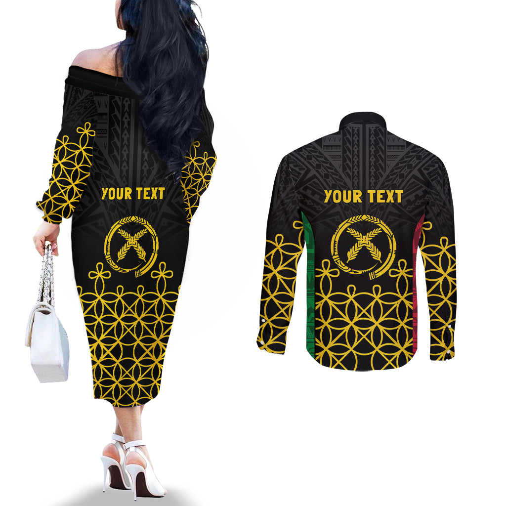 Vanuatu Indipendens Dei Couples Matching Off The Shoulder Long Sleeve Dress and Long Sleeve Button Shirt Tribal Sand Drawing