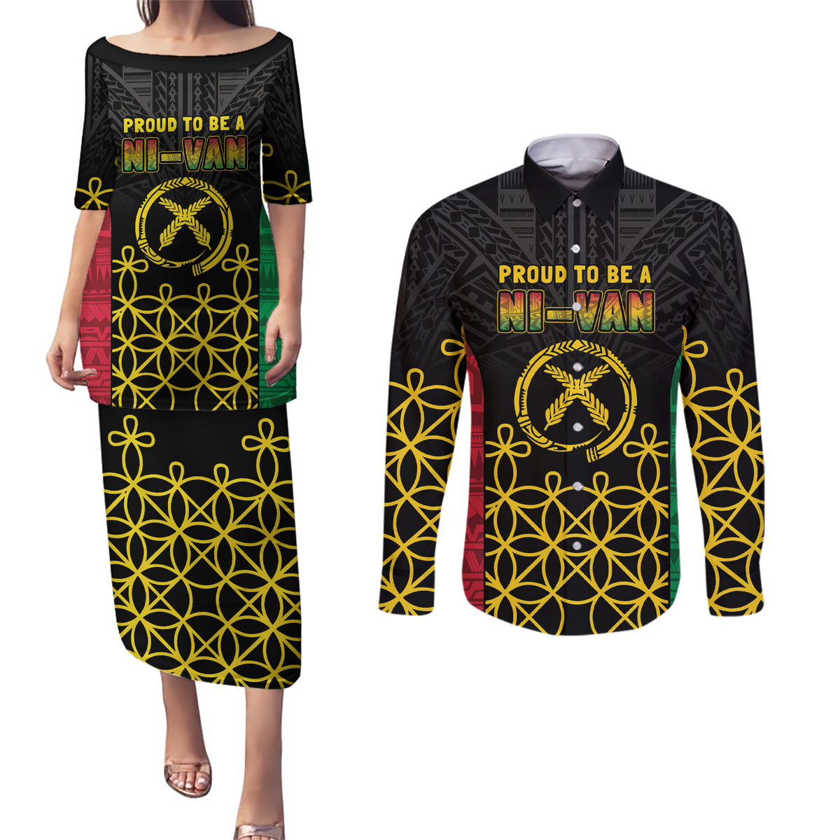 Vanuatu Indipendens Dei Couples Matching Puletasi and Long Sleeve Button Shirt Tribal Sand Drawing
