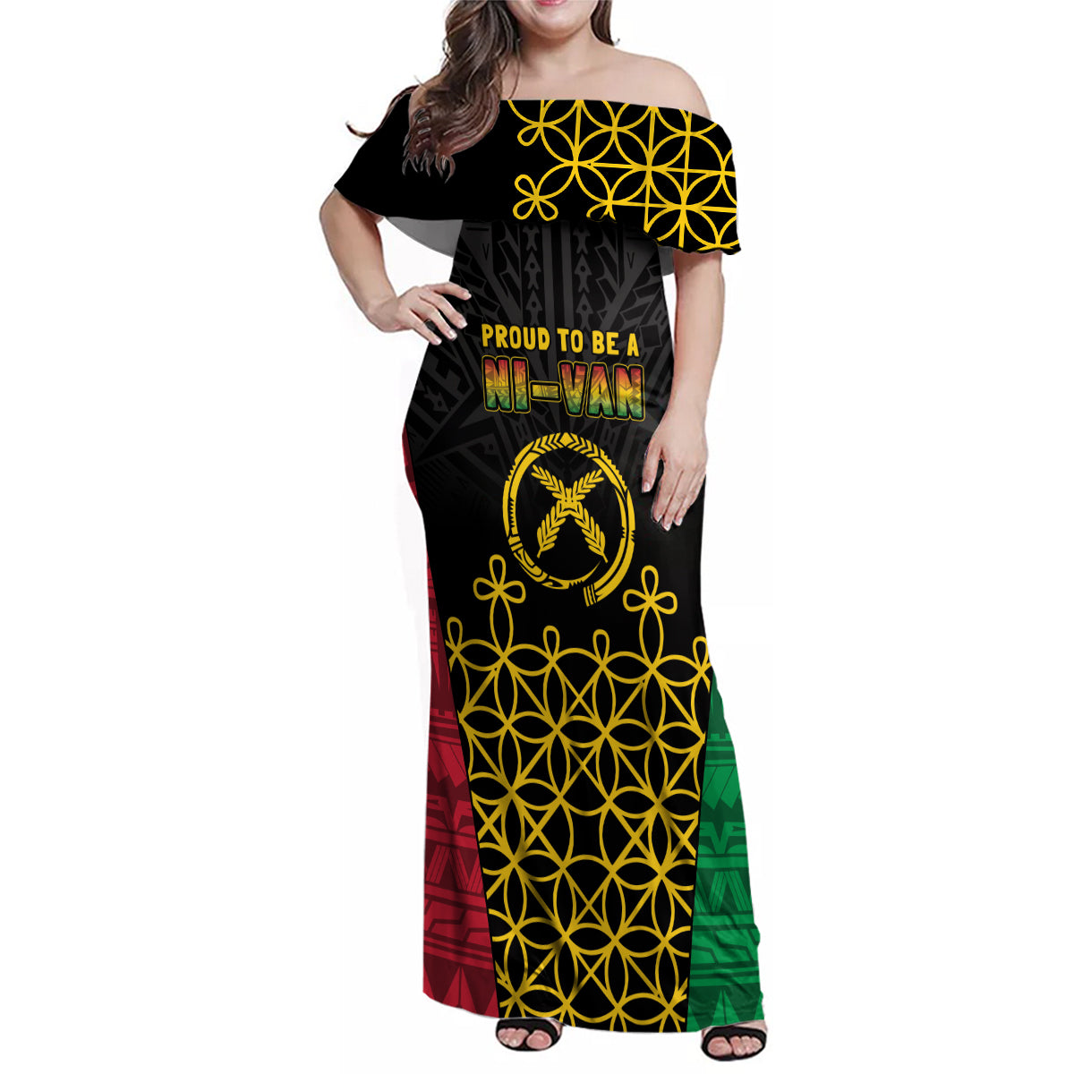 Vanuatu Indipendens Dei Family Matching Off Shoulder Maxi Dress and Hawaiian Shirt Tribal Sand Drawing LT7 Mom's Dress Colorful - Polynesian Pride