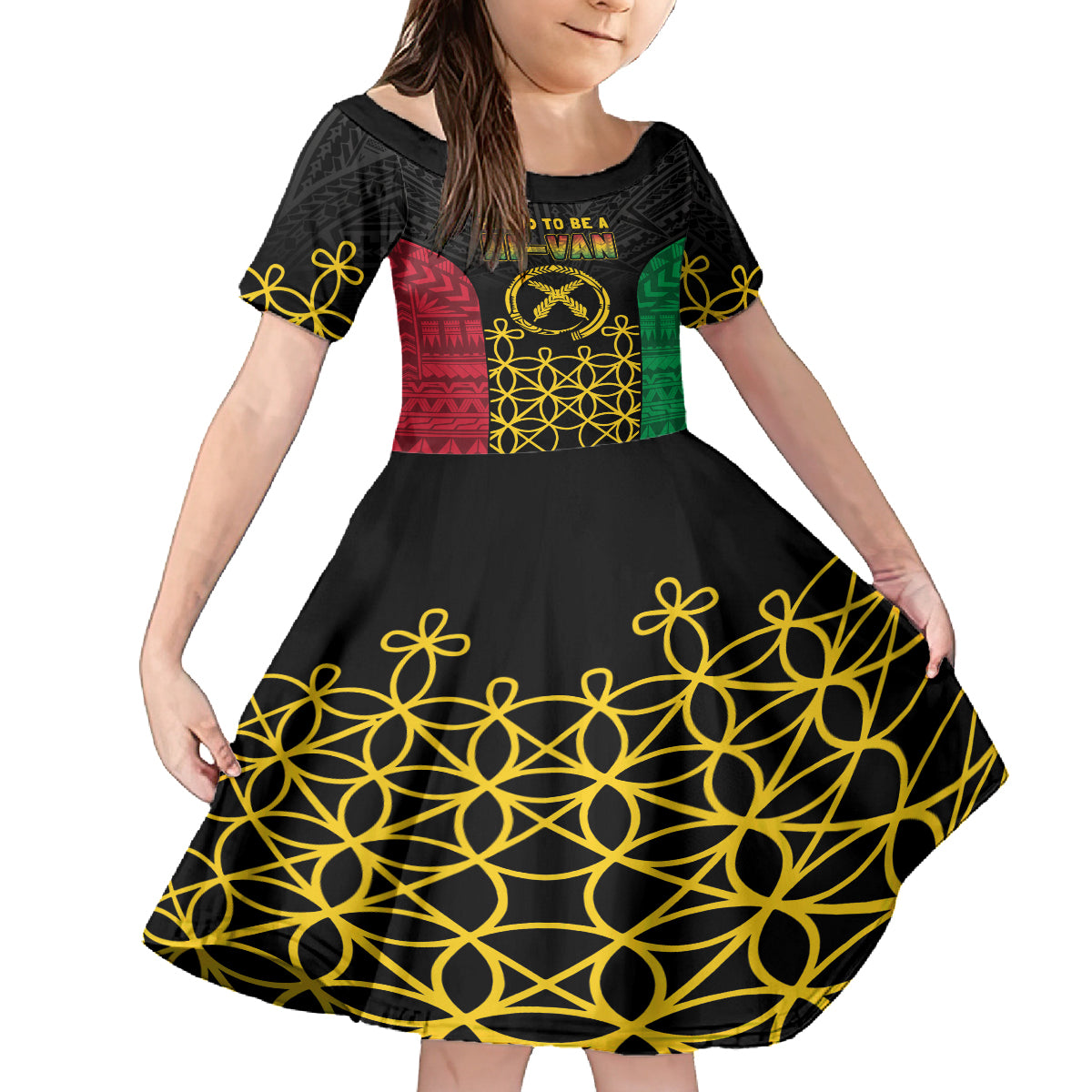 Vanuatu Indipendens Dei Family Matching Off Shoulder Short Dress and Hawaiian Shirt Tribal Sand Drawing LT7 Daughter's Dress Colorful - Polynesian Pride