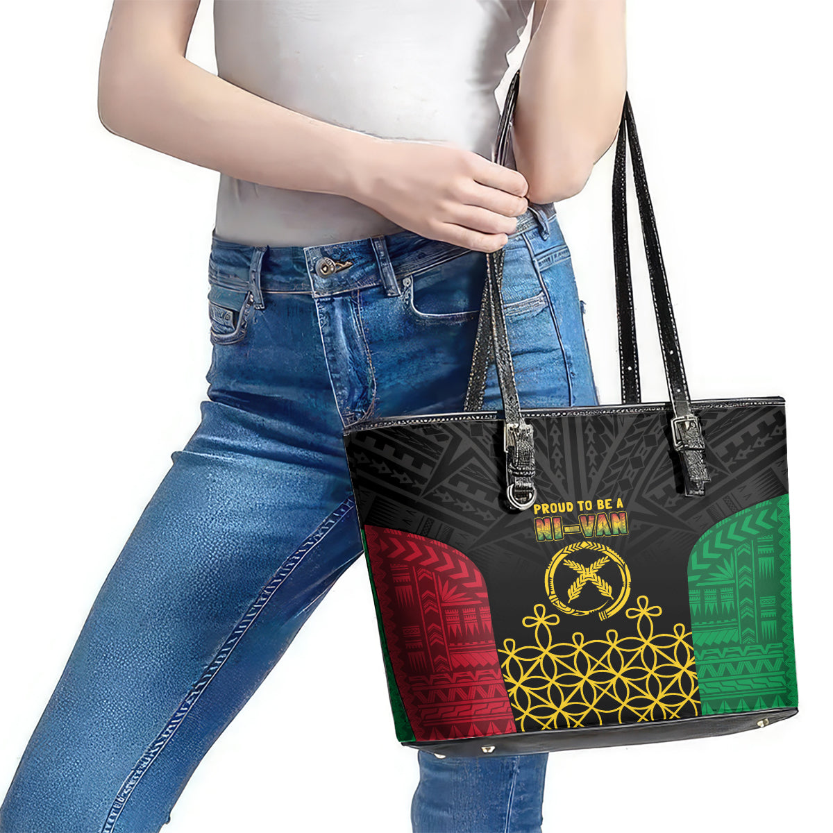 Vanuatu Indipendens Dei Leather Tote Bag Tribal Sand Drawing LT7 - Polynesian Pride