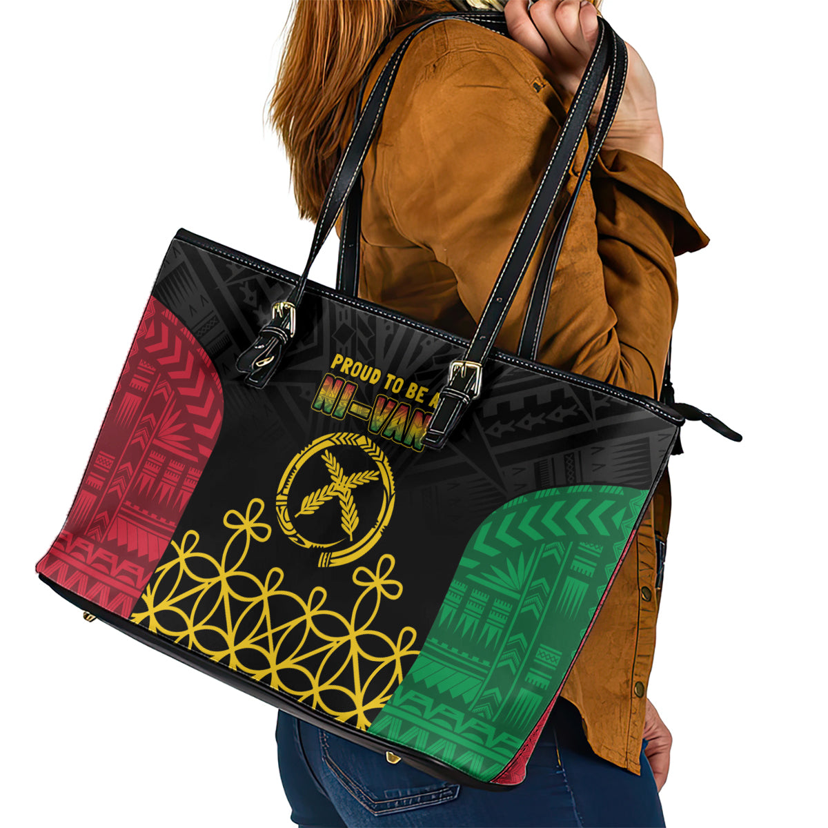 Vanuatu Indipendens Dei Leather Tote Bag Tribal Sand Drawing LT7 - Polynesian Pride