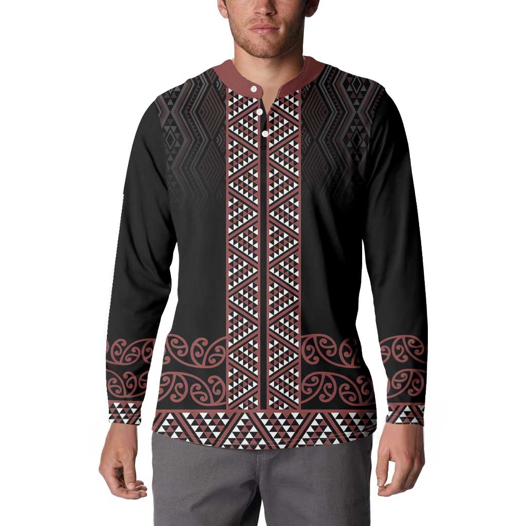 Maori Taniko Patterns Button Sweatshirt Brown Niho Taniwha Mix Paatiki Motifs