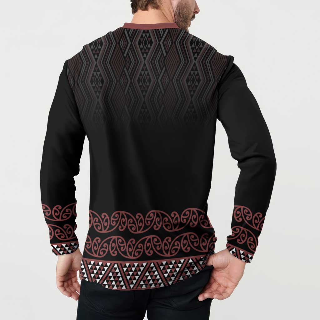 Maori Taniko Patterns Button Sweatshirt Brown Niho Taniwha Mix Paatiki Motifs