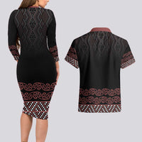 Maori Taniko Patterns Couples Matching Long Sleeve Bodycon Dress and Hawaiian Shirt Brown Niho Taniwha Mix Paatiki Motifs LT7 - Polynesian Pride