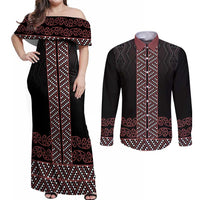 Maori Taniko Patterns Couples Matching Off Shoulder Maxi Dress and Long Sleeve Button Shirt Brown Niho Taniwha Mix Paatiki Motifs LT7 Brown - Polynesian Pride