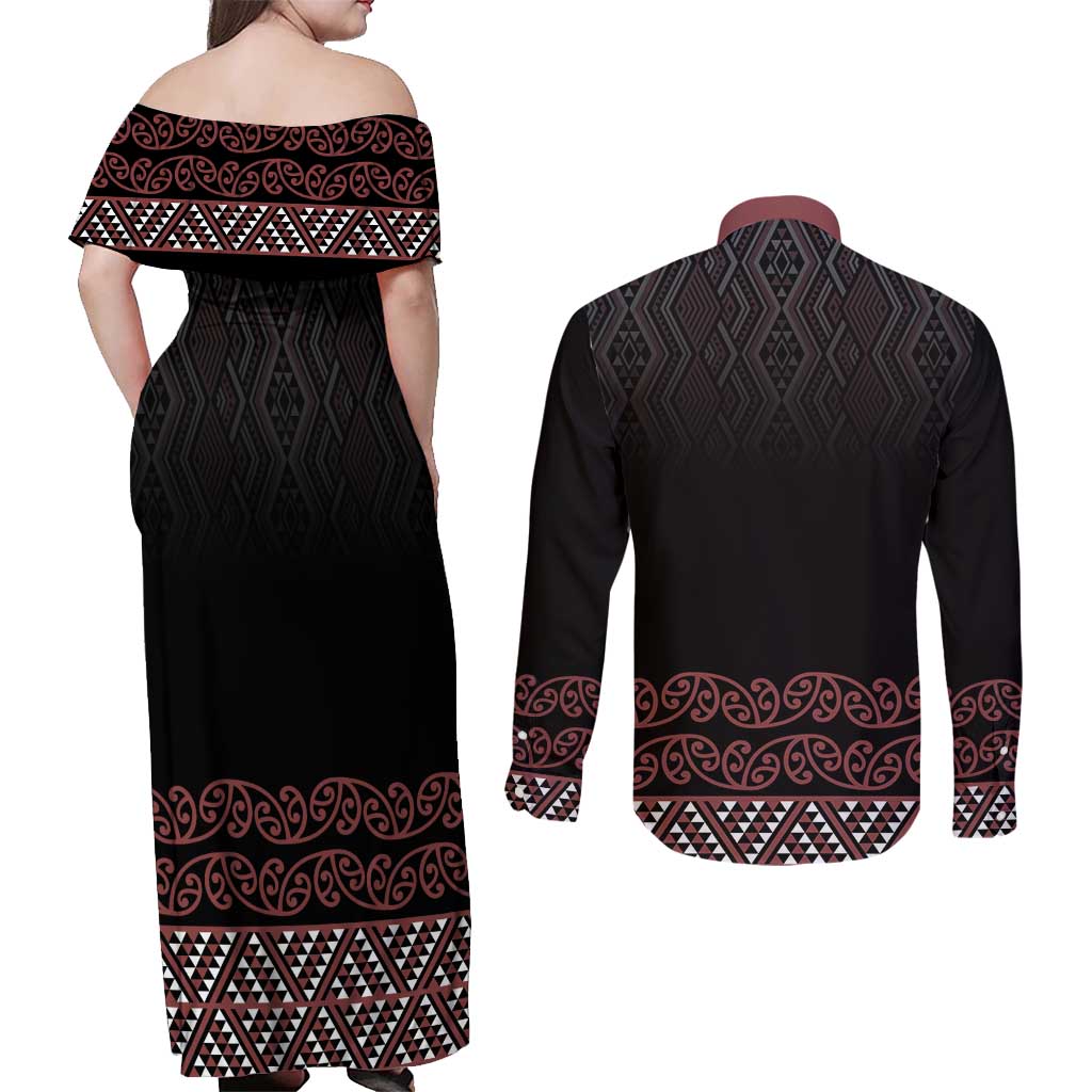 Maori Taniko Patterns Couples Matching Off Shoulder Maxi Dress and Long Sleeve Button Shirt Brown Niho Taniwha Mix Paatiki Motifs LT7 - Polynesian Pride