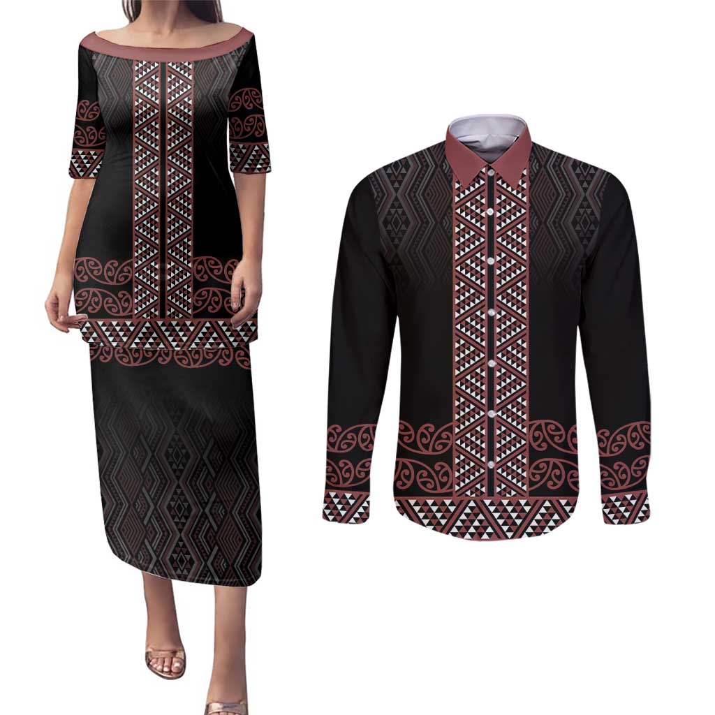 Maori Taniko Patterns Couples Matching Puletasi and Long Sleeve Button Shirt Brown Niho Taniwha Mix Paatiki Motifs LT7 Brown - Polynesian Pride