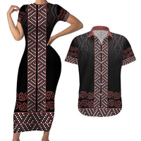 Maori Taniko Patterns Couples Matching Short Sleeve Bodycon Dress and Hawaiian Shirt Brown Niho Taniwha Mix Paatiki Motifs LT7 Brown - Polynesian Pride
