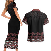 Maori Taniko Patterns Couples Matching Short Sleeve Bodycon Dress and Hawaiian Shirt Brown Niho Taniwha Mix Paatiki Motifs LT7 - Polynesian Pride