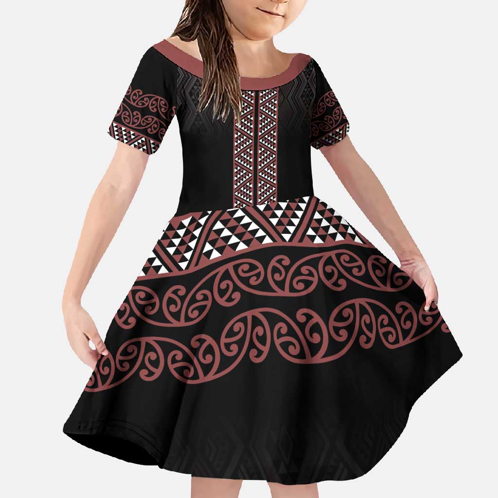 Maori Taniko Patterns Family Matching Long Sleeve Bodycon Dress and Hawaiian Shirt Brown Niho Taniwha Mix Paatiki Motifs LT7 Daughter's Dress Brown - Polynesian Pride