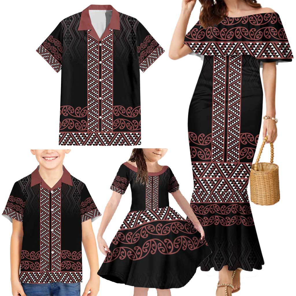 Maori Taniko Patterns Family Matching Mermaid Dress and Hawaiian Shirt Brown Niho Taniwha Mix Paatiki Motifs LT7 - Polynesian Pride