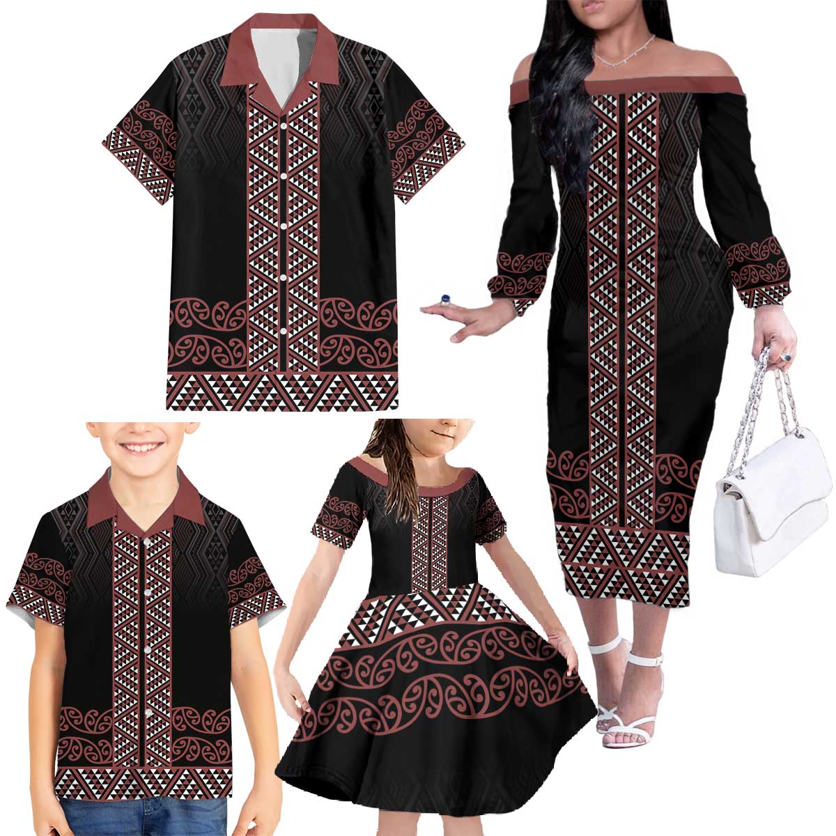 Maori Taniko Patterns Family Matching Off The Shoulder Long Sleeve Dress and Hawaiian Shirt Brown Niho Taniwha Mix Paatiki Motifs