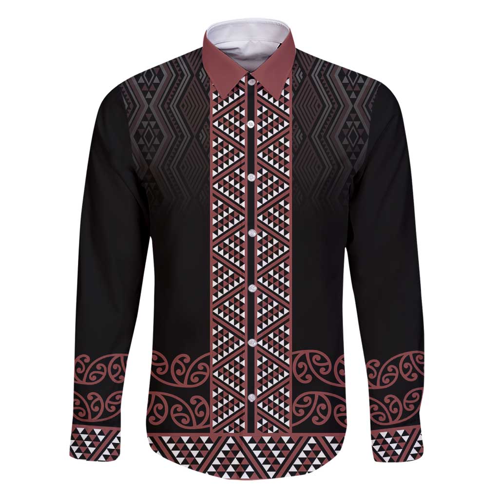 Maori Taniko Patterns Family Matching Puletasi and Hawaiian Shirt Brown Niho Taniwha Mix Paatiki Motifs LT7 Dad's Shirt - Long Sleeve Brown - Polynesian Pride