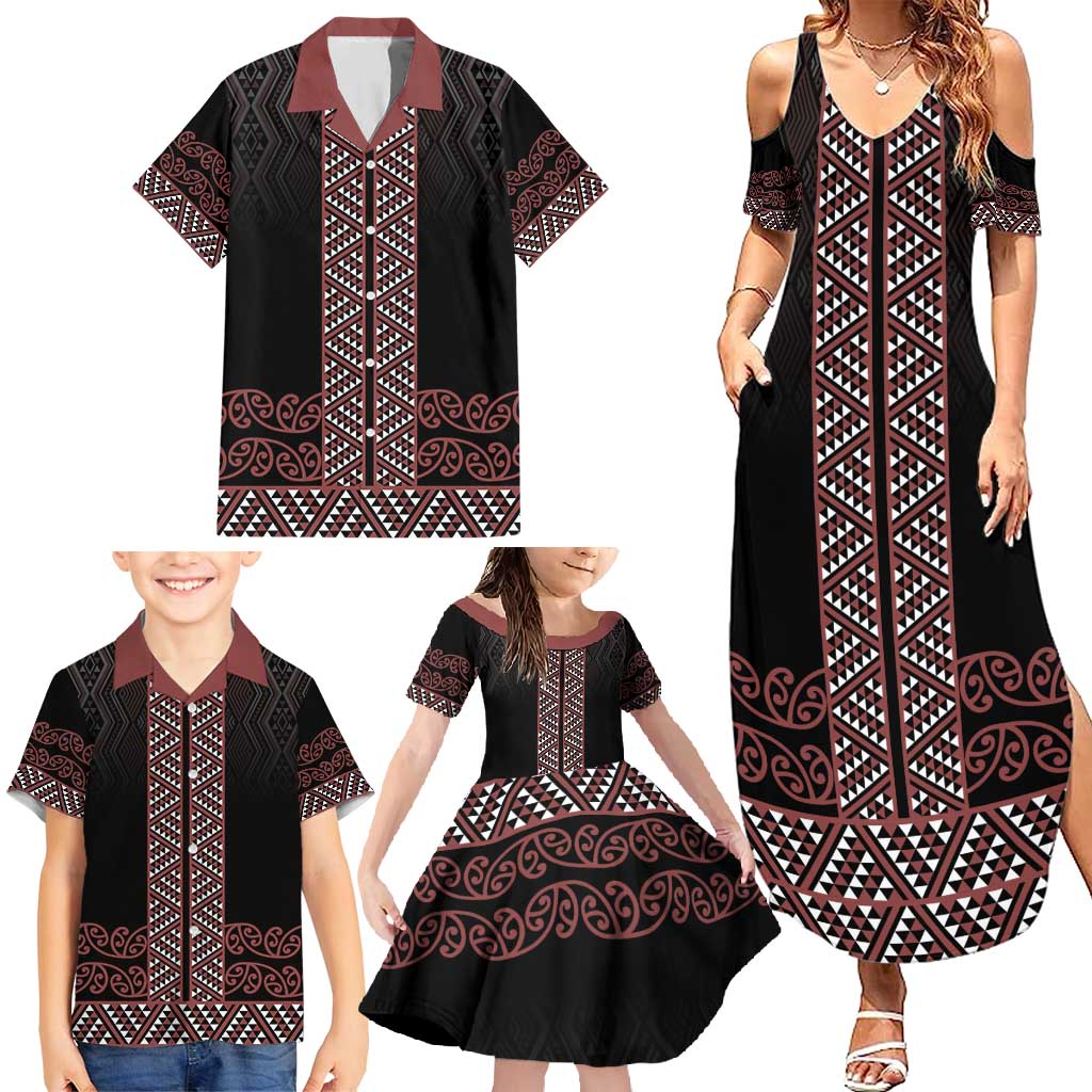 Maori Taniko Patterns Family Matching Summer Maxi Dress and Hawaiian Shirt Brown Niho Taniwha Mix Paatiki Motifs LT7 - Polynesian Pride
