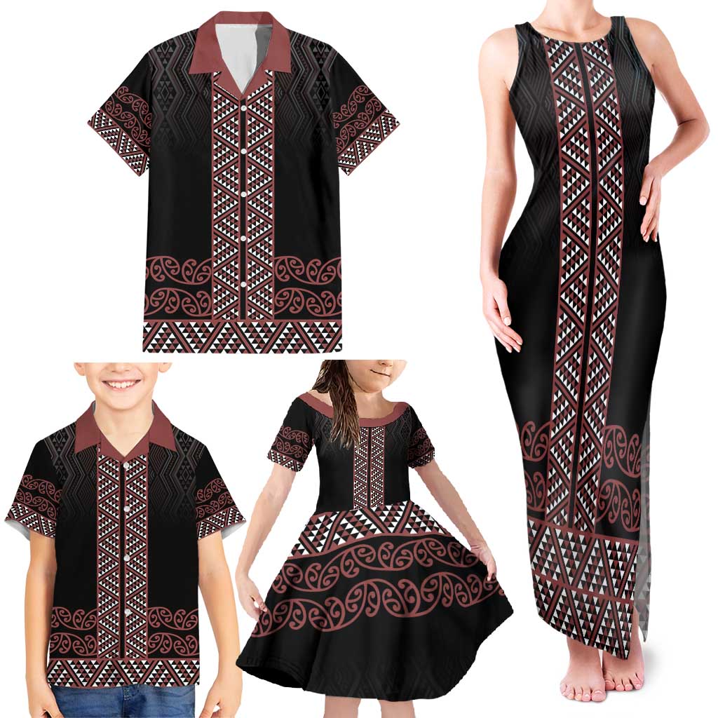 Maori Taniko Patterns Family Matching Tank Maxi Dress and Hawaiian Shirt Brown Niho Taniwha Mix Paatiki Motifs LT7 - Polynesian Pride
