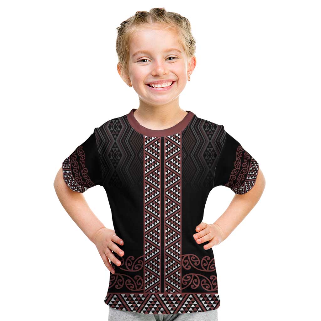 Maori Taniko Patterns Kid T Shirt Brown Niho Taniwha Mix Paatiki Motifs LT7 Brown - Polynesian Pride