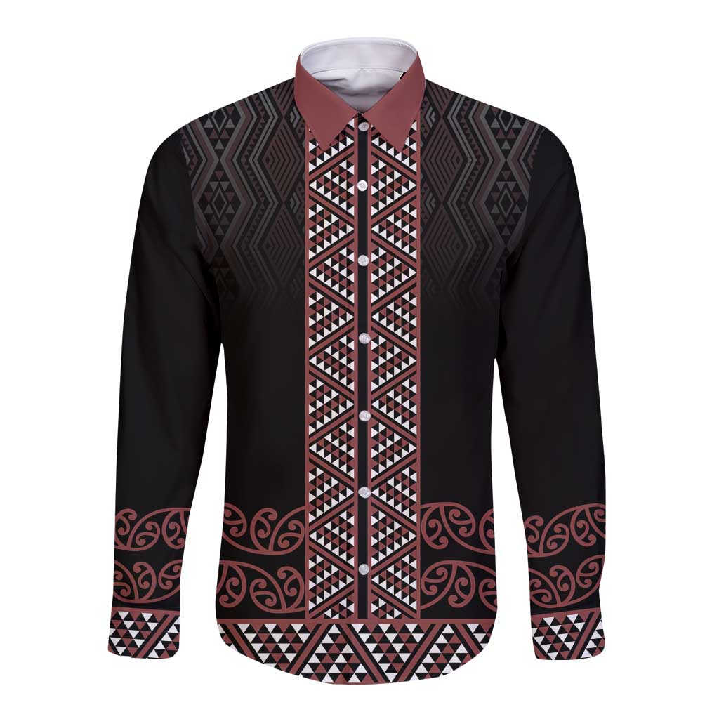Maori Taniko Patterns Long Sleeve Button Shirt Brown Niho Taniwha Mix Paatiki Motifs